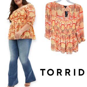 Torrid Babydoll Chiffon Smocked Top Square Neck Blouse Top  Womens Plus NEW 2X